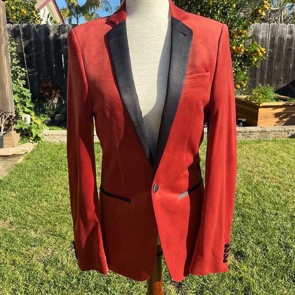 ASOS Men’s Blazer Jacket Size 32 Velvet 1-Button Tuxedo Burnt Brown Black Satin